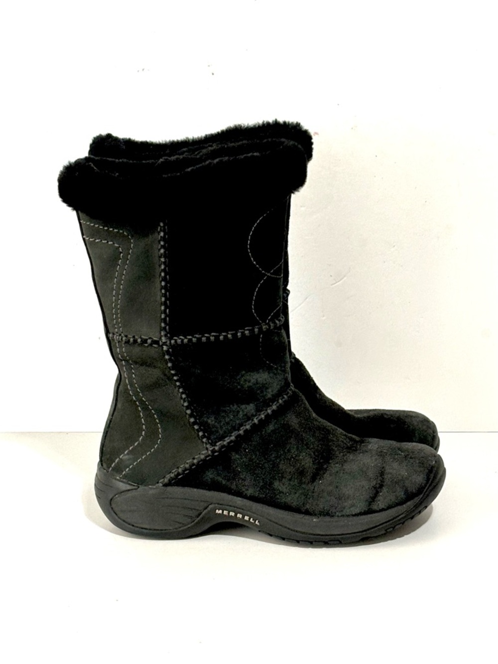 Merrell Women's Black Suede Shearling-Trim Mid-Calf Winter Boots